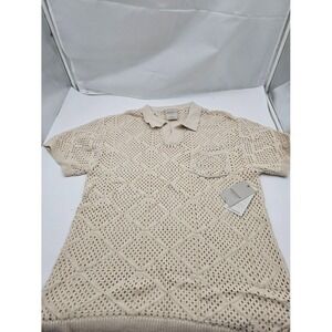 NEW Massive Luxury Mens Medium Sweater Ivory Short Sleeve Knit Crochet Pocket